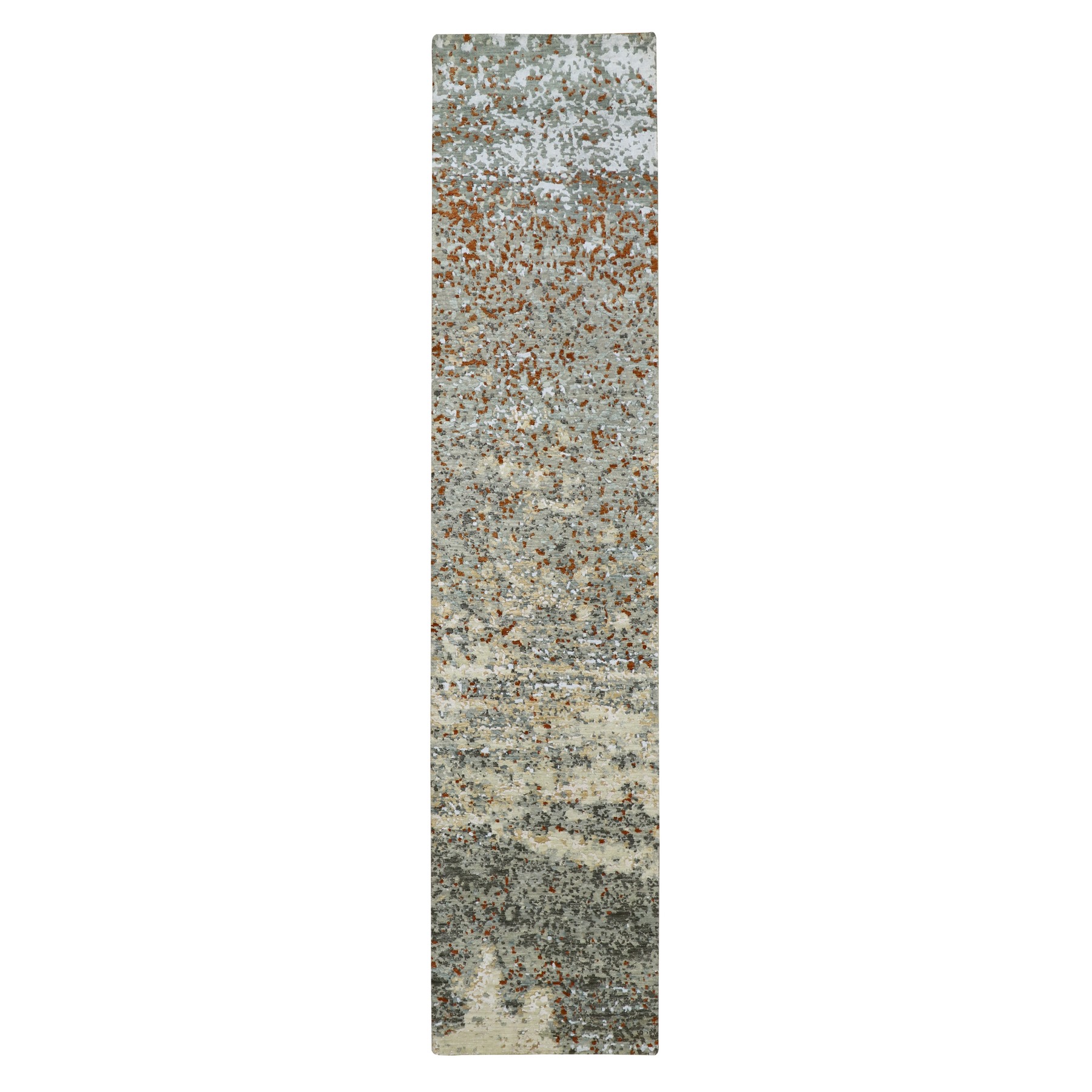 Misty Gray with Rust, Abstract with Galaxy Design, Persian Knot, Densely Woven, 100% Wool, Hand Knotted, Runner, Oriental Rug